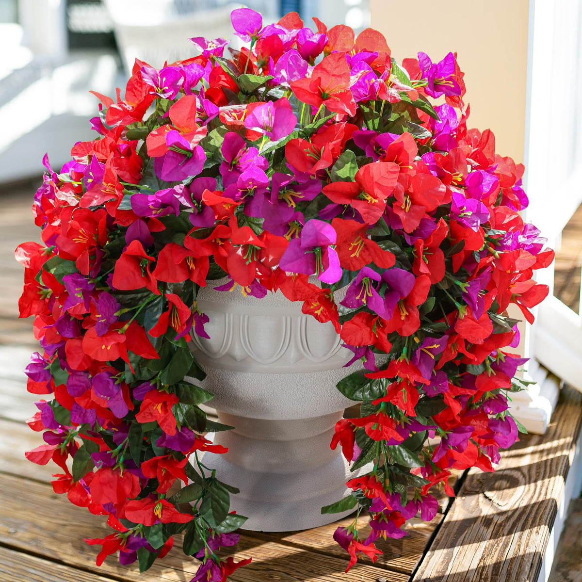 INSPRING faux bougainvillea trailing vine closeup for durable outdoor color.