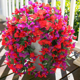 INSPRING faux bougainvillea trailing vine closeup reveals realistic texture for porch accents.