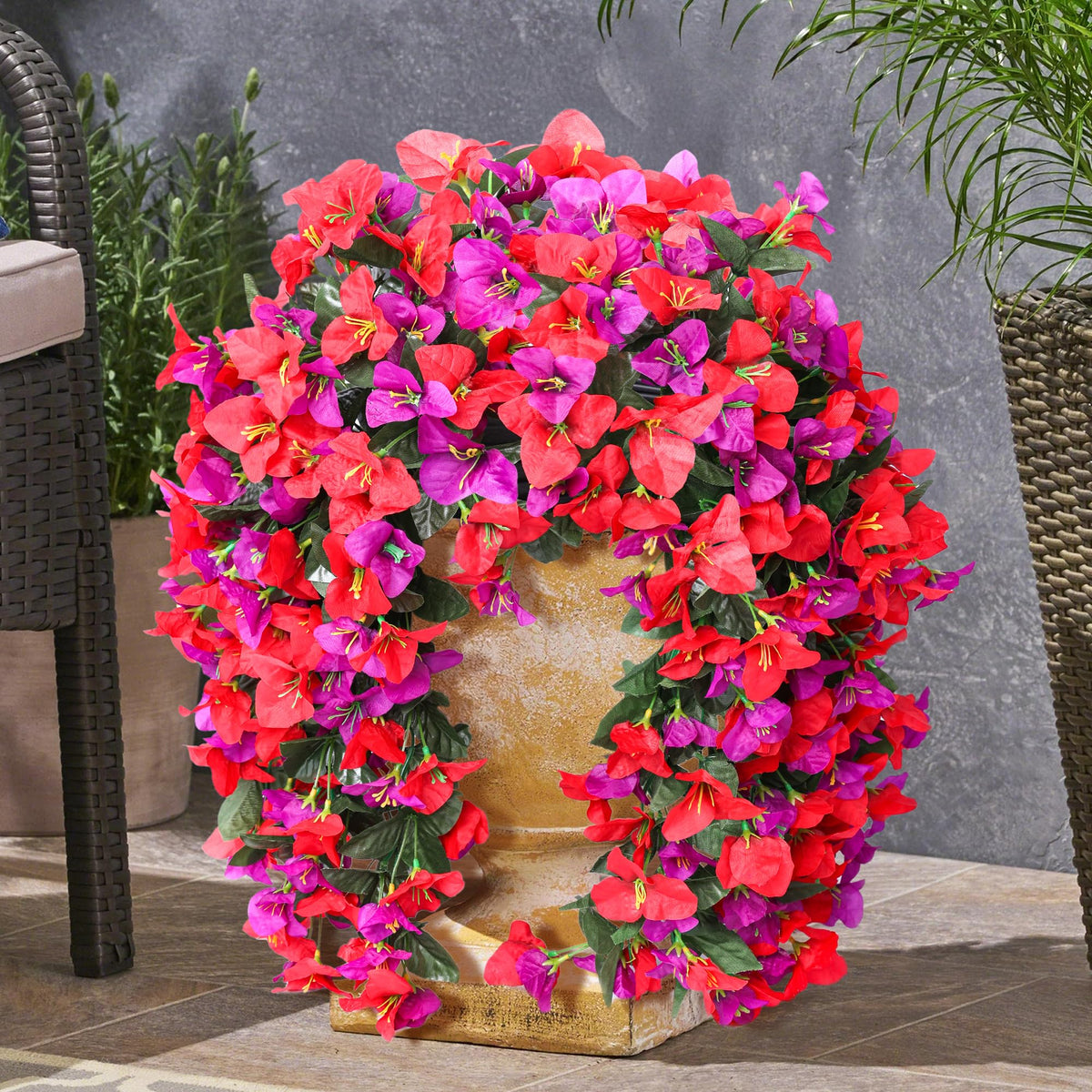 INSPRING faux bougainvillea trailing vine yard view demonstrates year-round charm.