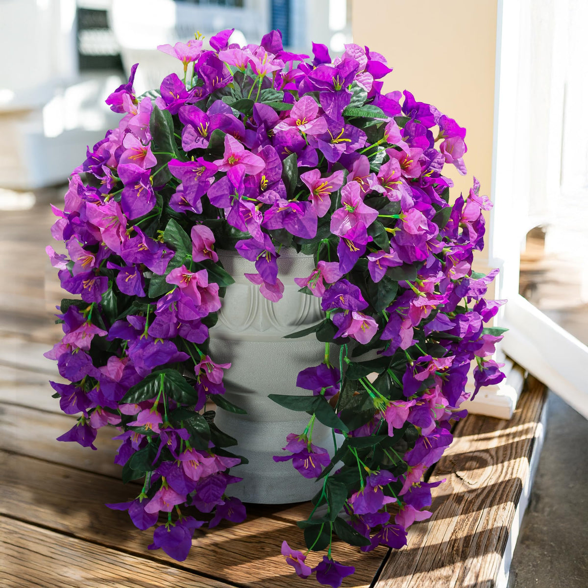 INSPRING faux bougainvillea vines for outdoor decor, UV-resistant and maintenance-free.