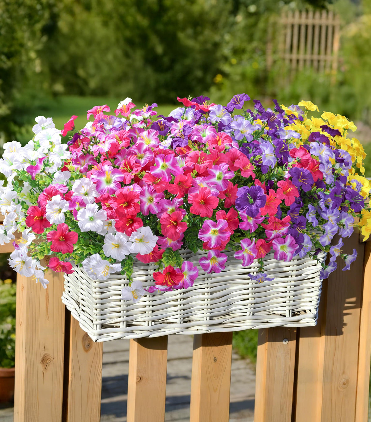 INSPRING UV-resistant fake flowers designed for outdoor patios and balconies.