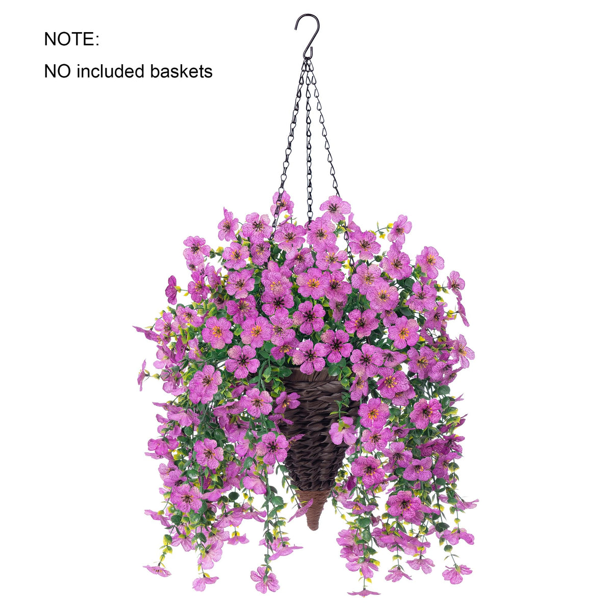 INSPRING purple hanging violets with eucalyptus enhance outdoor decor.