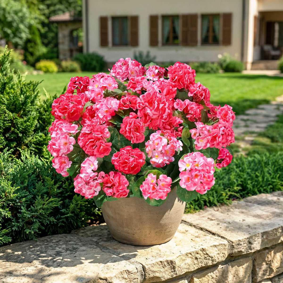 INSPRING silk geraniums in outdoor bouquet style for planters and entrance decor.
