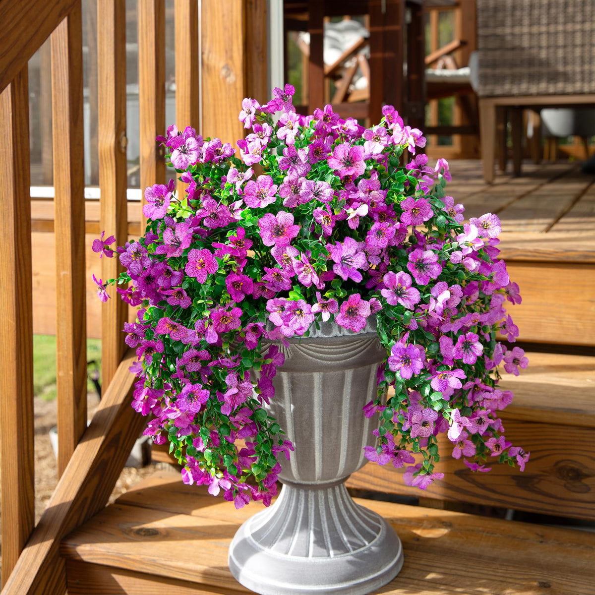 INSPRING yard trailing violets and eucalyptus for durable outdoor color.
