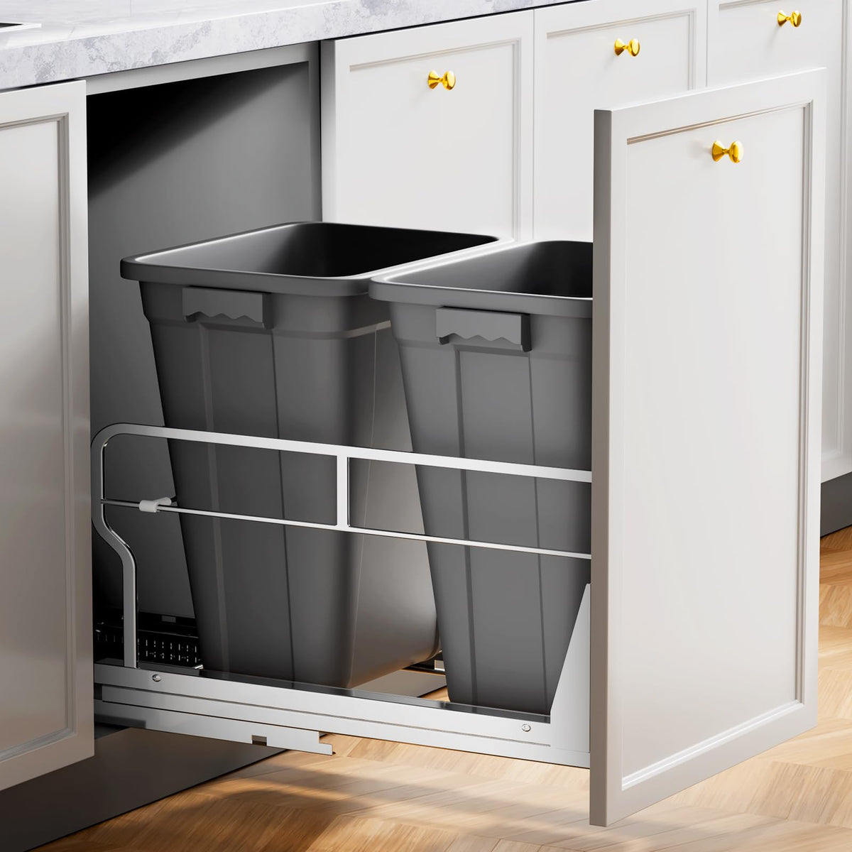 Insputer Double 40QT pull-out trash bin under cabinet with dual compartments for organized waste