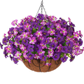 INSPRING artificial outdoor flowers in a hanging basket with petunias for durable porch decor.