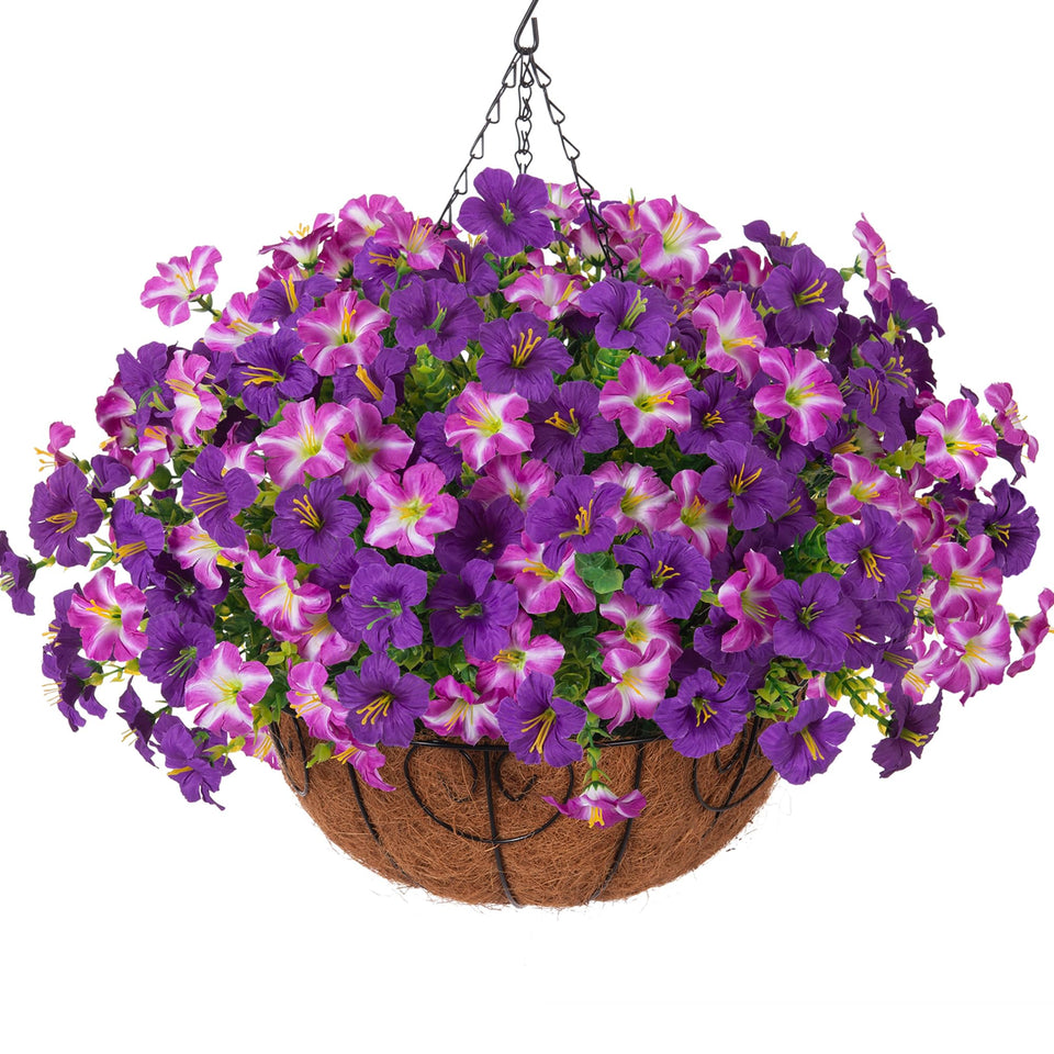 INSPRING artificial outdoor flowers in a hanging basket with petunias for durable porch decor.