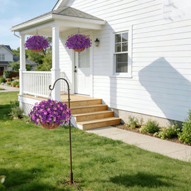 INSPRING hanging basket with assembled petunias and eucalyptus leaves for an easy DIY focal point.
