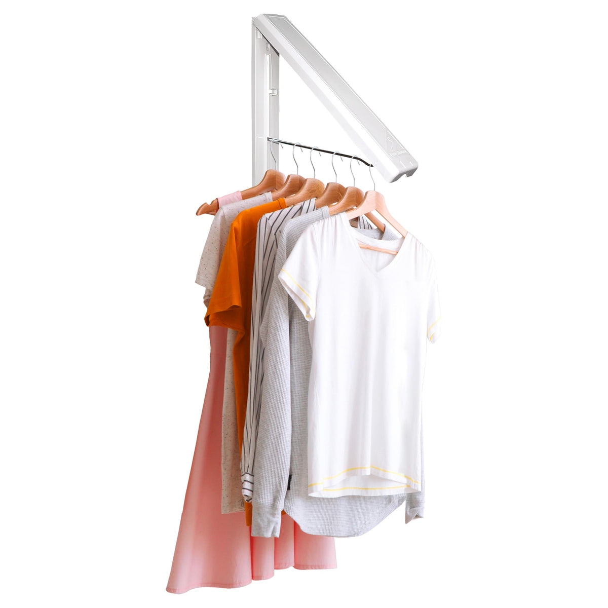 InstaHanger wall mounted drying rack extended showing sturdy 60 lb capacity for clothes and towels.