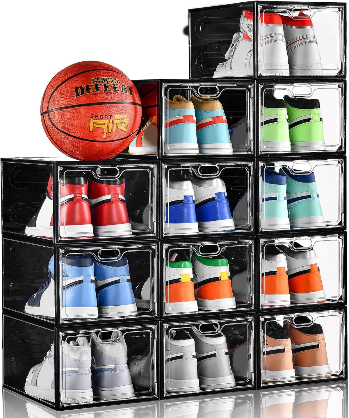 INSTY 12-pack large shoe storage box transparent front view for easy visibility.