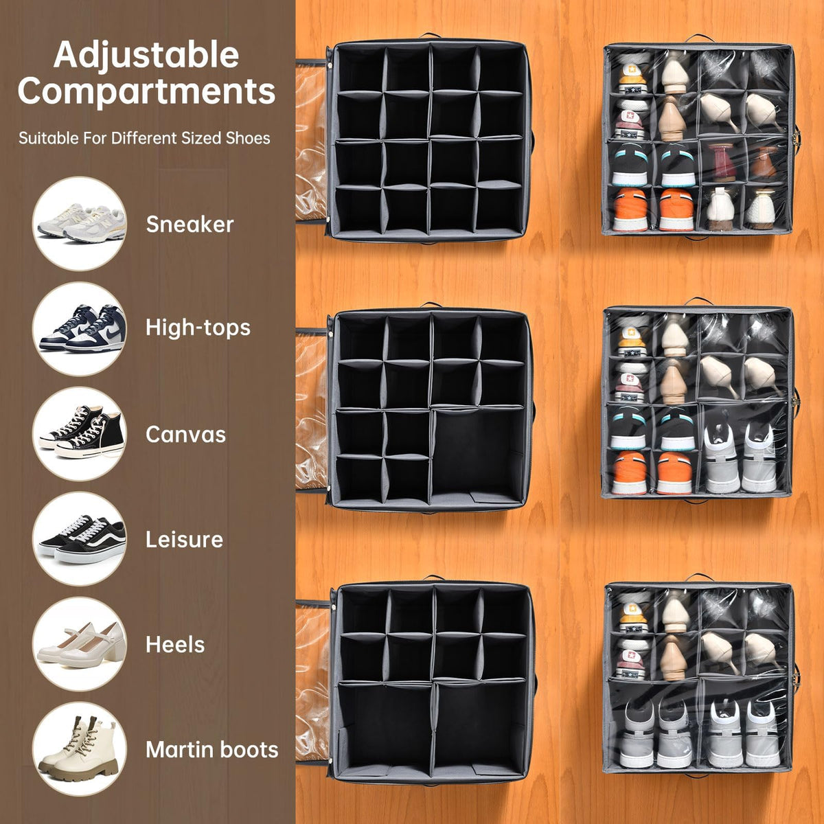 INSTY adjustable dividers optimize storage for various shoe sizes
