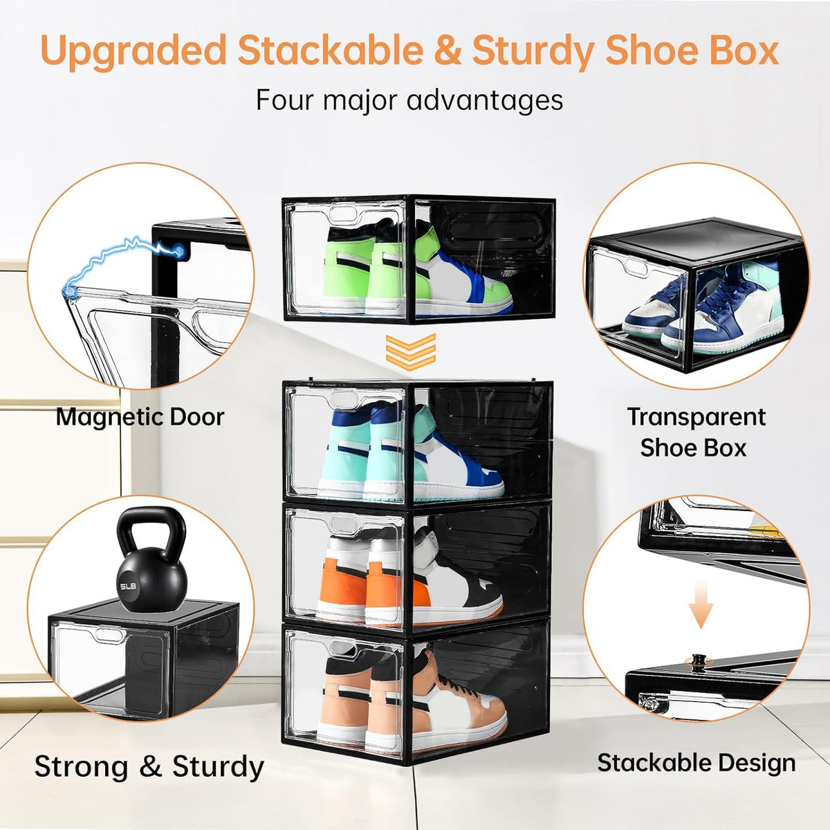 INSTY shoe storage stackable interlock system ensures a stable vertical display.