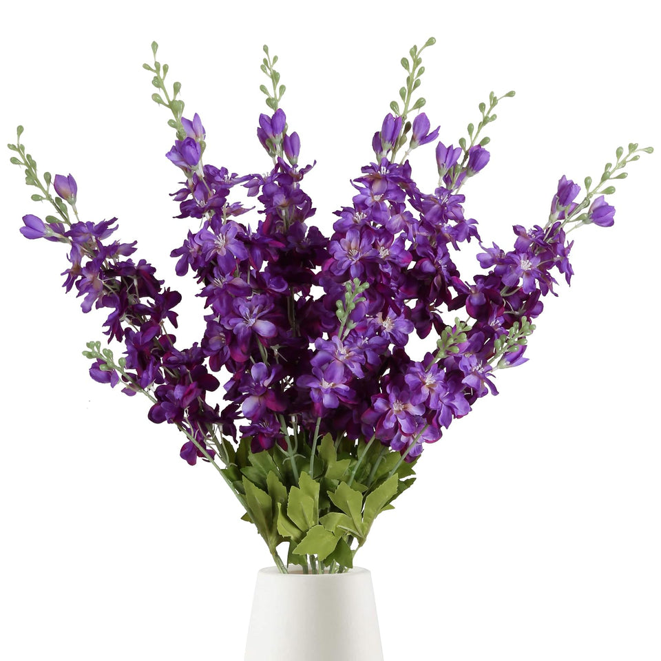 INSUNSIX purple delphinium silk flowers on a 33-inch stem for lifelike centerpieces.