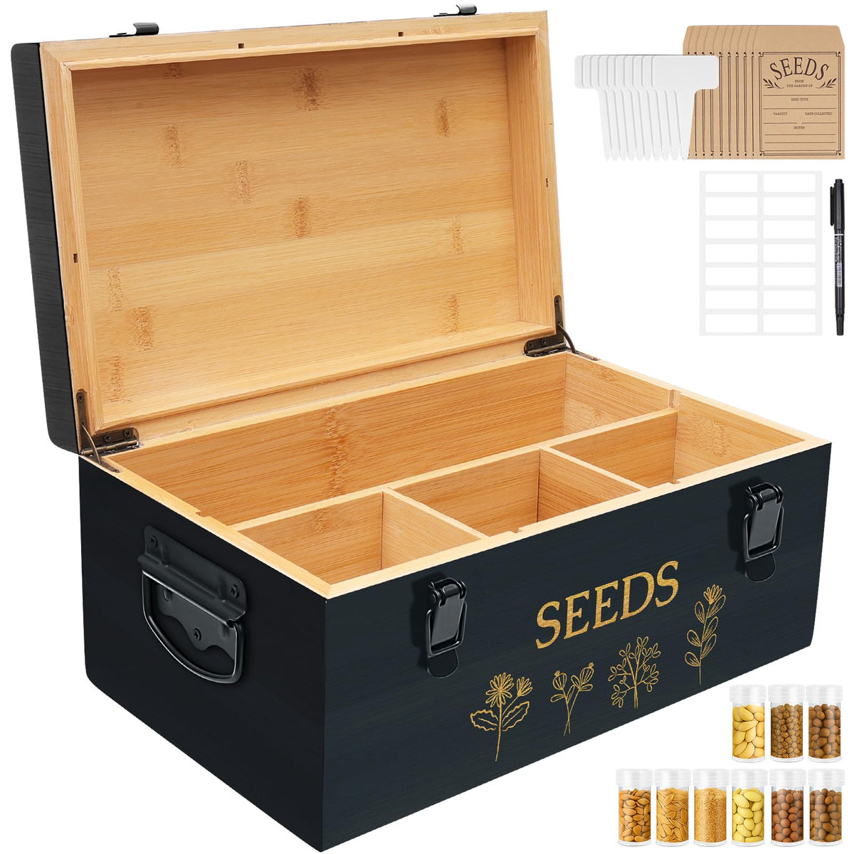 Intarsio large bamboo seed storage box with lid keeps seeds organized and protected.