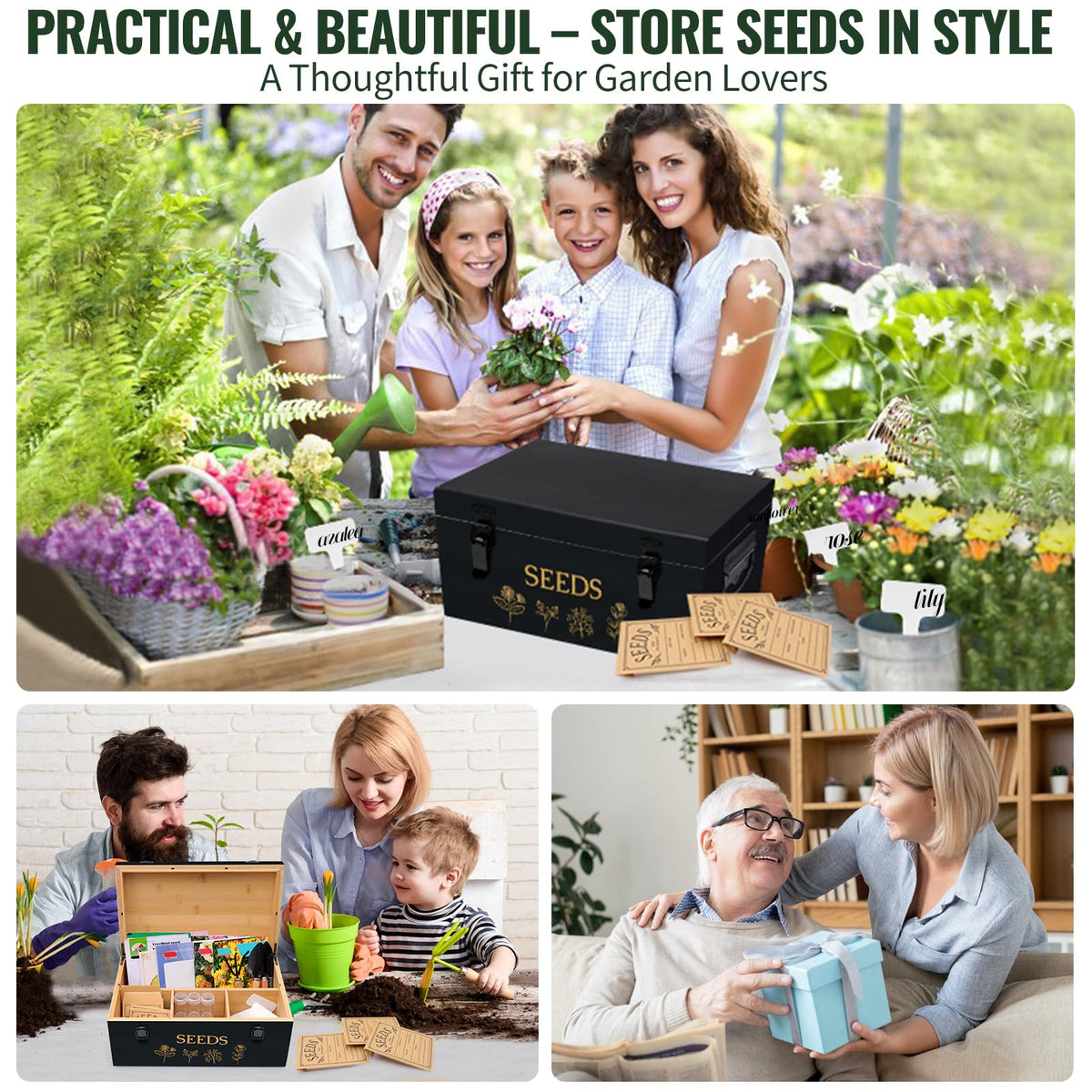Intarsio natural wood color seed box offers rustic charm and durability.