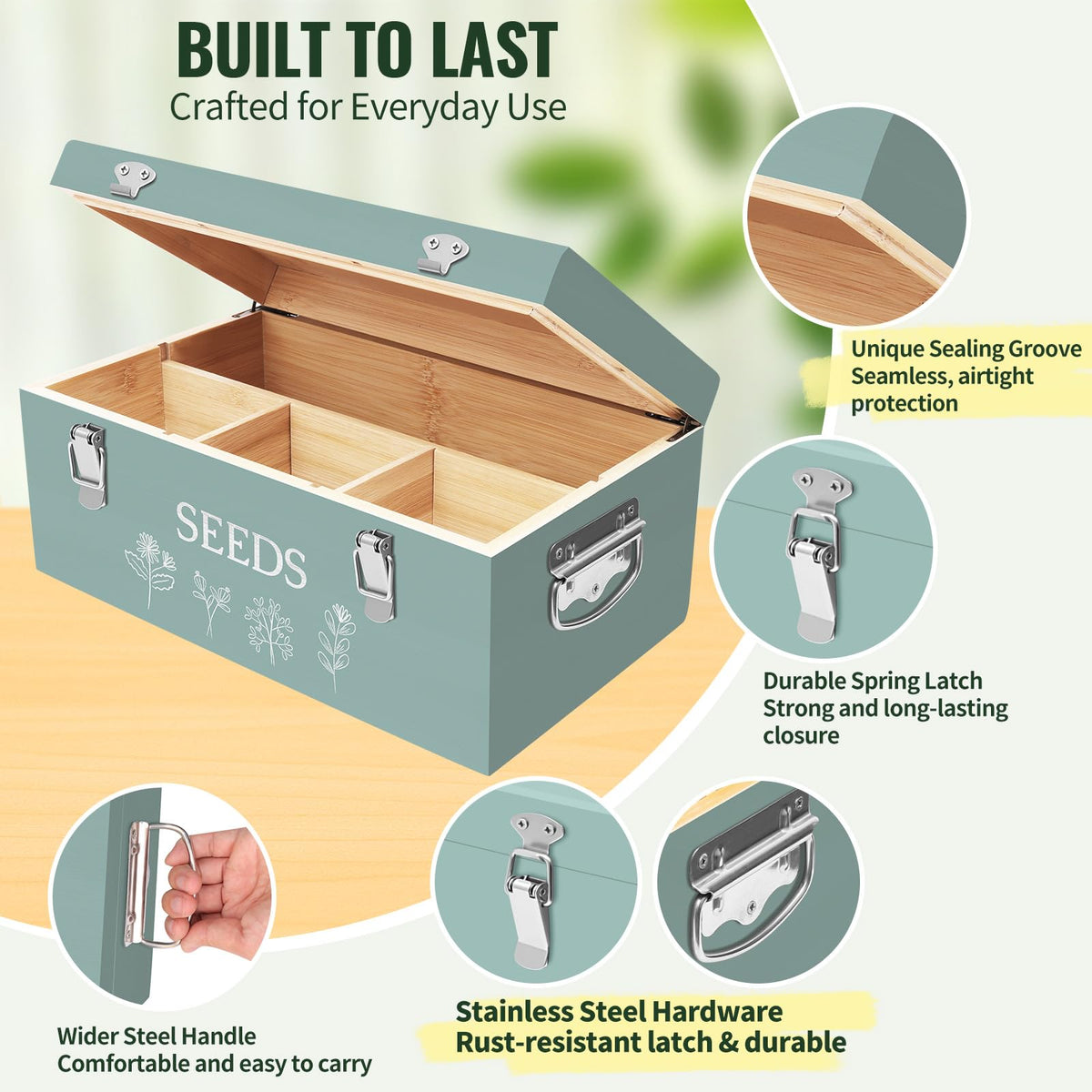 Intarsio seed box with stainless steel latch protects against moisture
