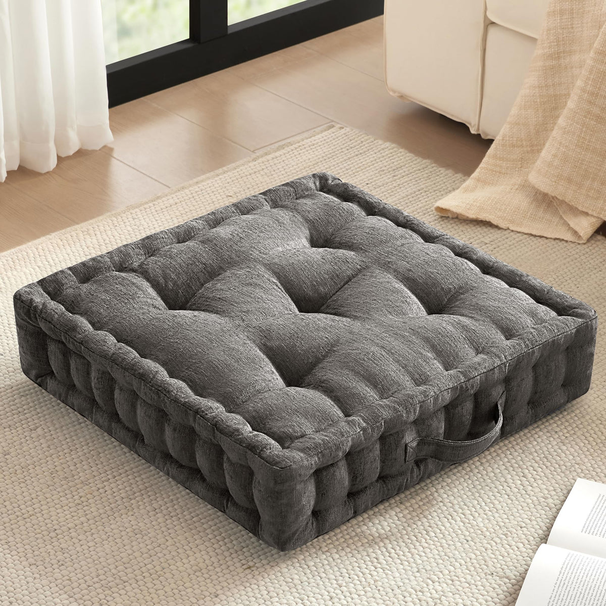 Intelligent Design Azza cushion shows lustrous chenille tufting for luxury and comfort.
