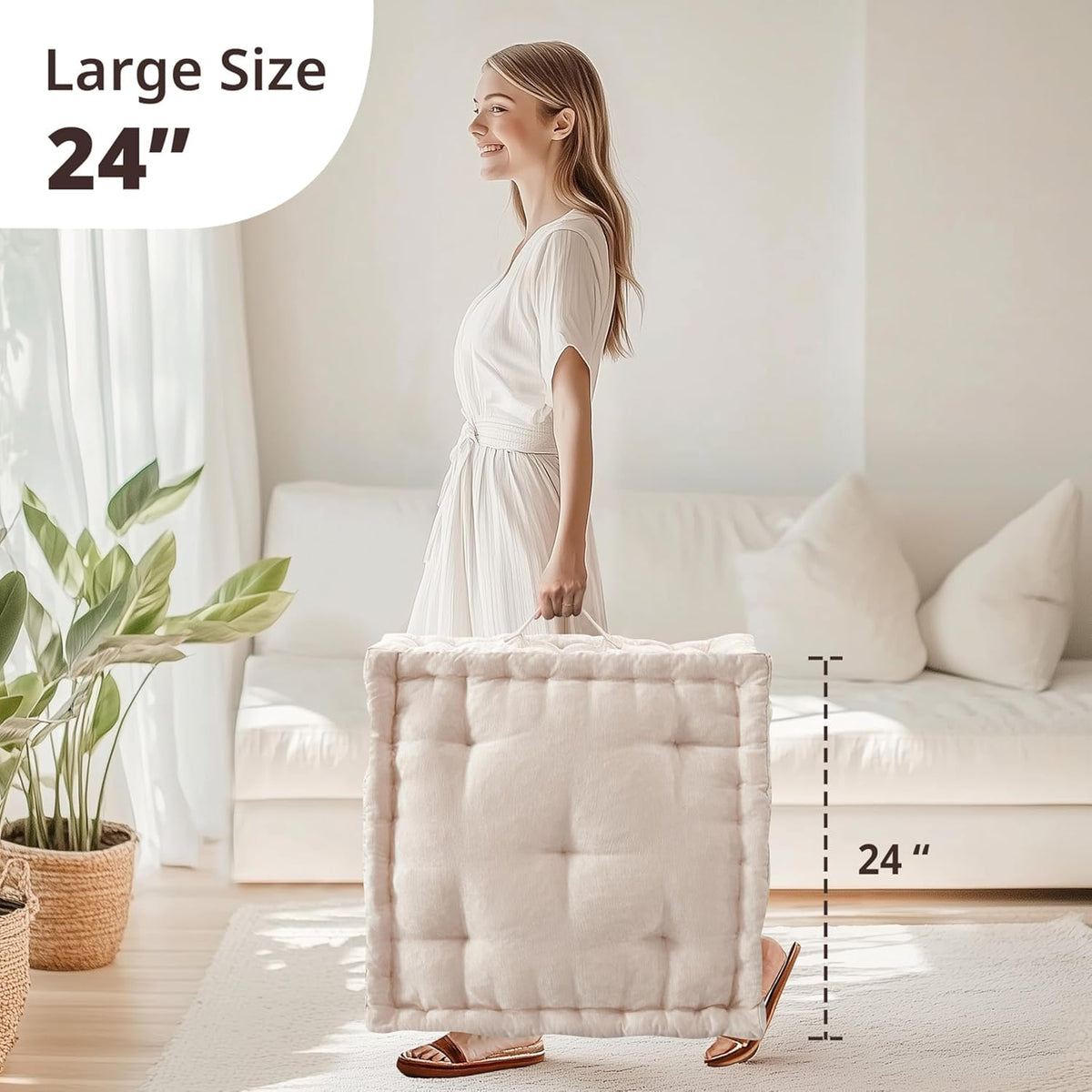 Intelligent Design Azza floor pillow ivory care close-up, spot-clean only to preserve color.