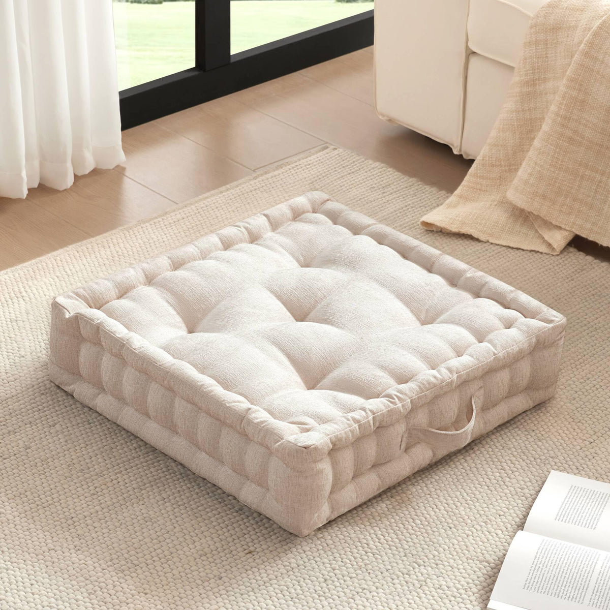 Intelligent Design Azza floor pillow ivory front view, ideal for meditation and relaxed seating.