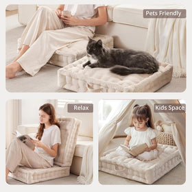 Intelligent Design Azza floor pillow ivory packaging close-up, compact delivery with eco packaging.