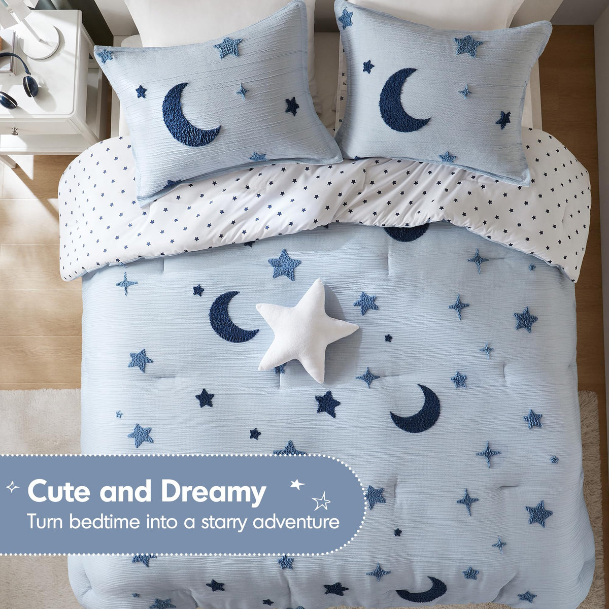 Soft pastel color palette of Cosmos bedding suitable for diverse kids’ room styles.