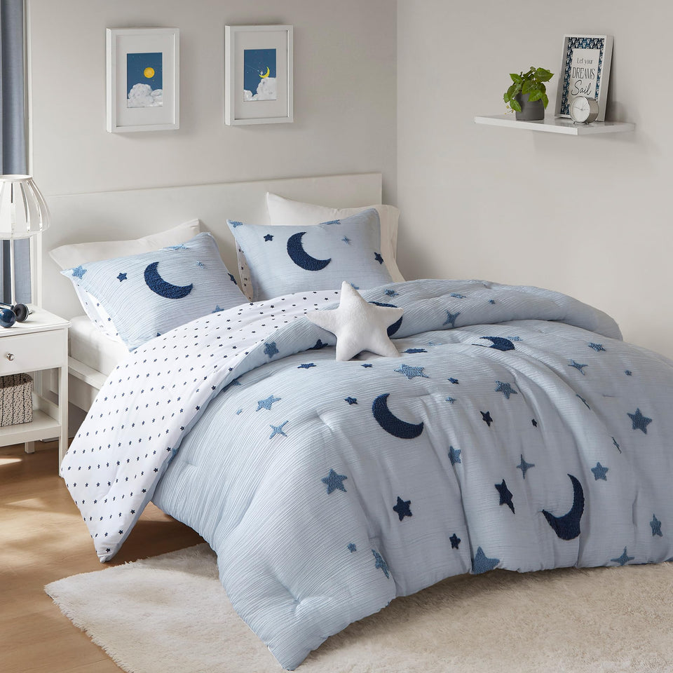 Intelligent Design Cosmos full-size comforter set in blue stars and chenille texture for cozy nights.
