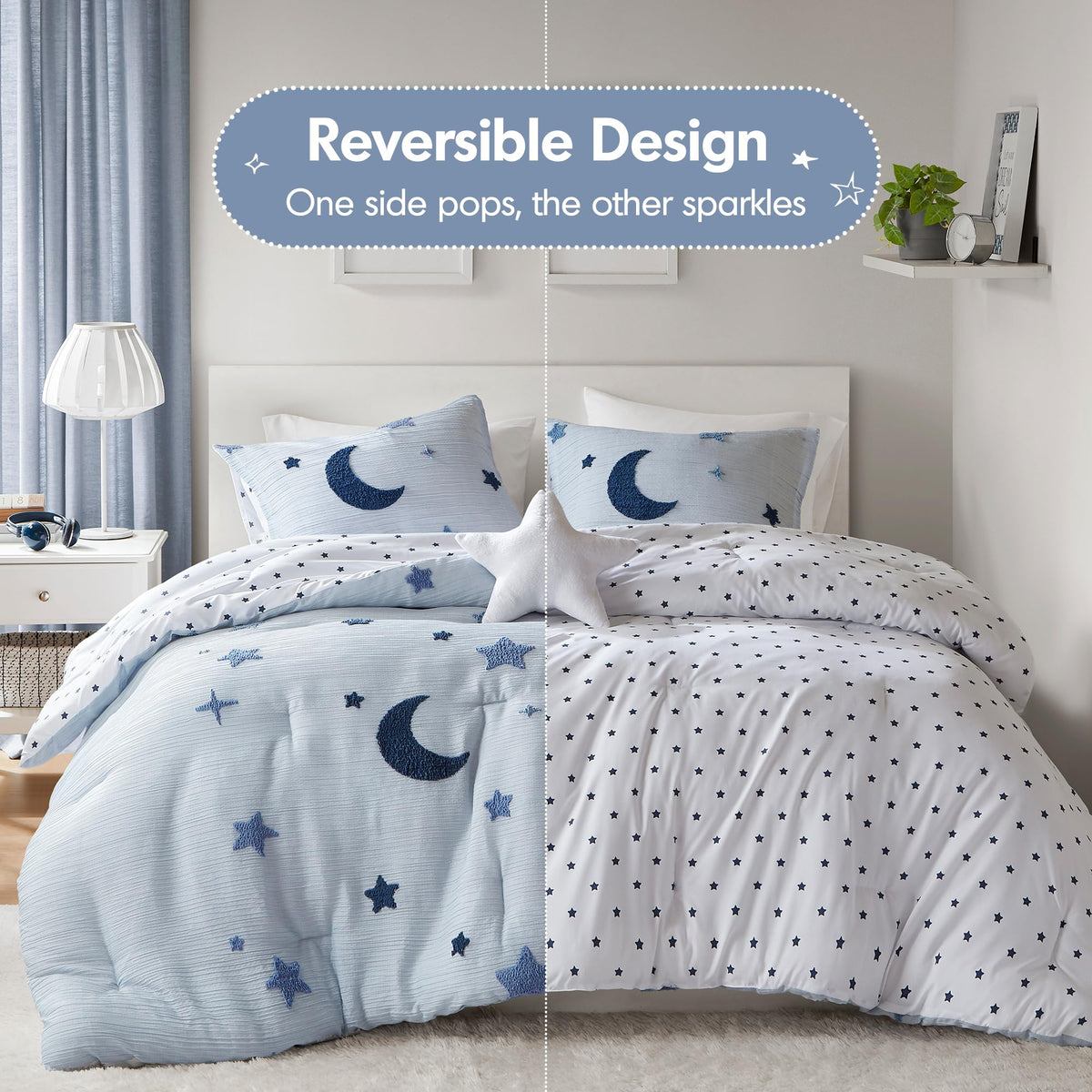 Cosmos reversible dots pattern featuring stars for versatile styling in kids' rooms.