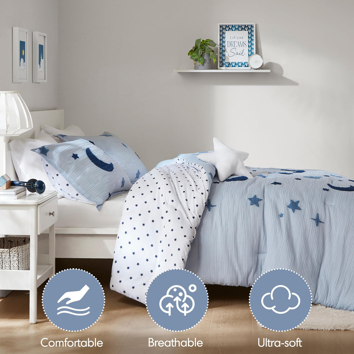 Intelligent Design Cosmos star pillow plush decor adds whimsy and comfort to beds.