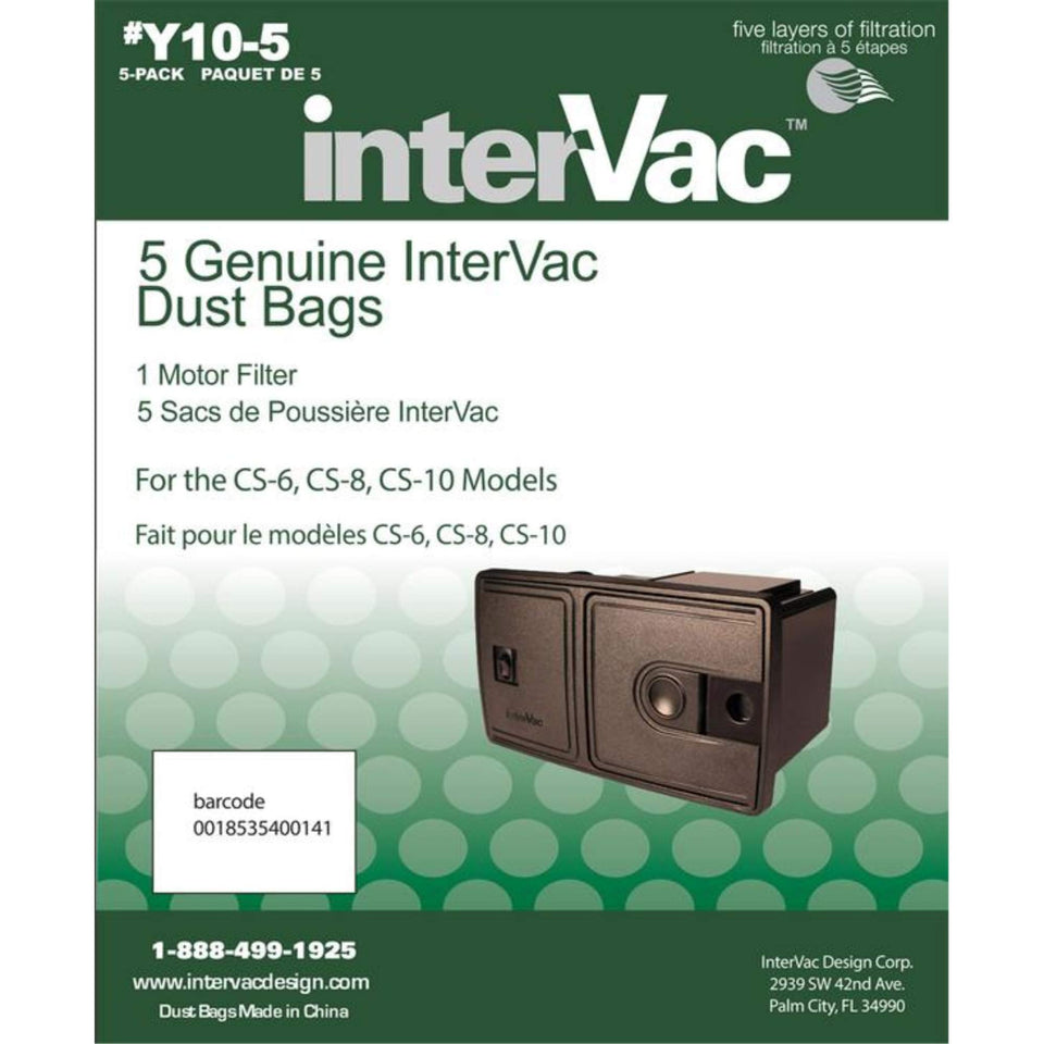 InterVac Y10-5 dust bags for CS6/CS8 vacuums with motor filter included.