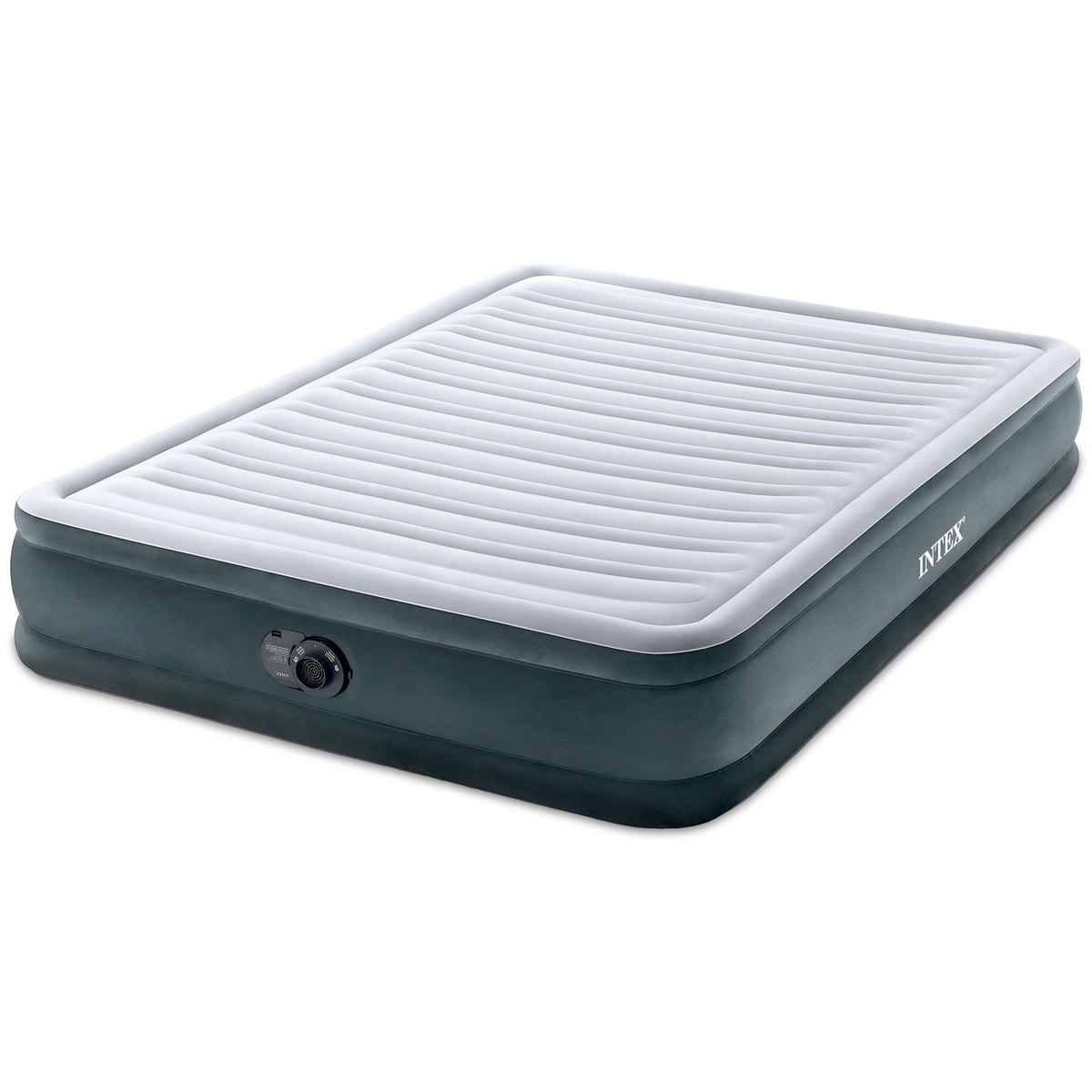 Intex mid-rise air mattress with built-in pump for quick setup.