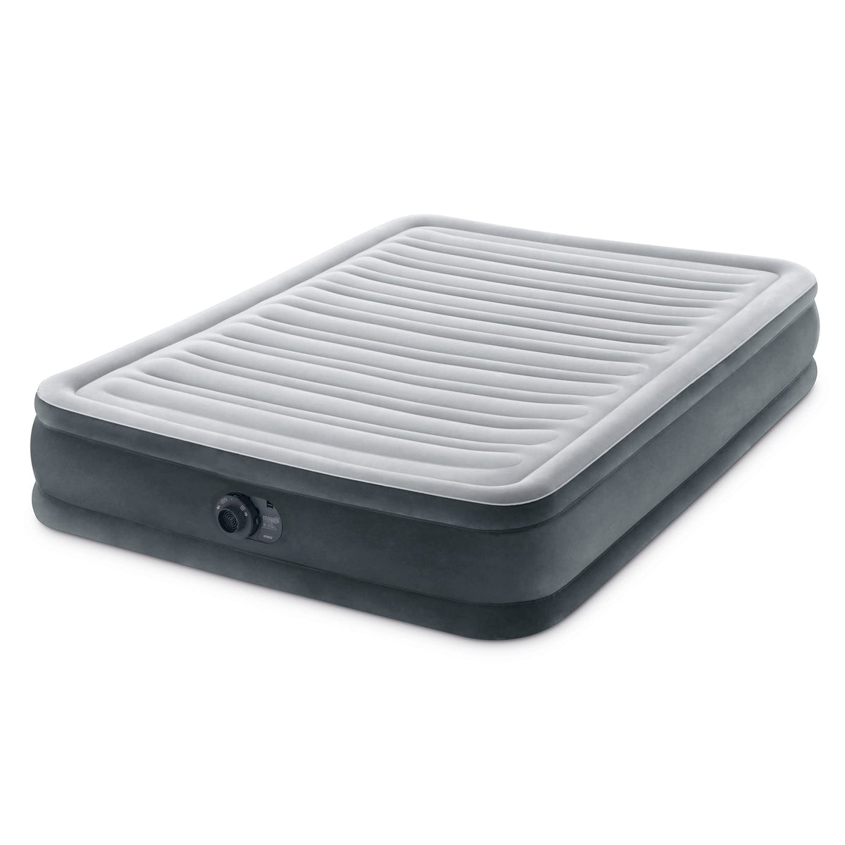 Intex mid-rise air mattress with built-in pump for quick setup.