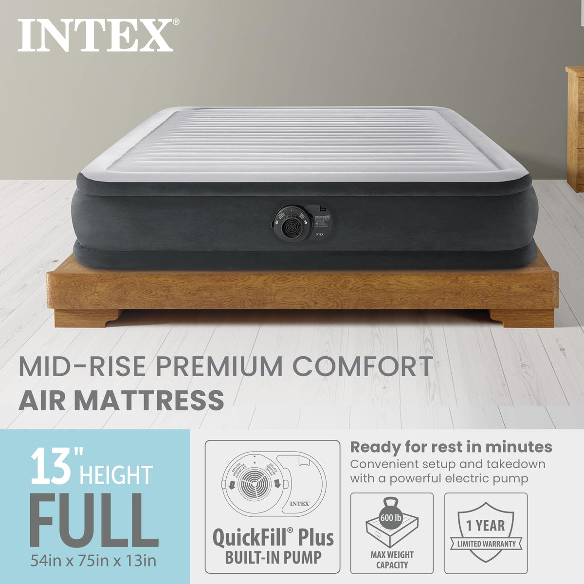 Intex mid-rise air mattress with dual-layer pocket system for conforming support.