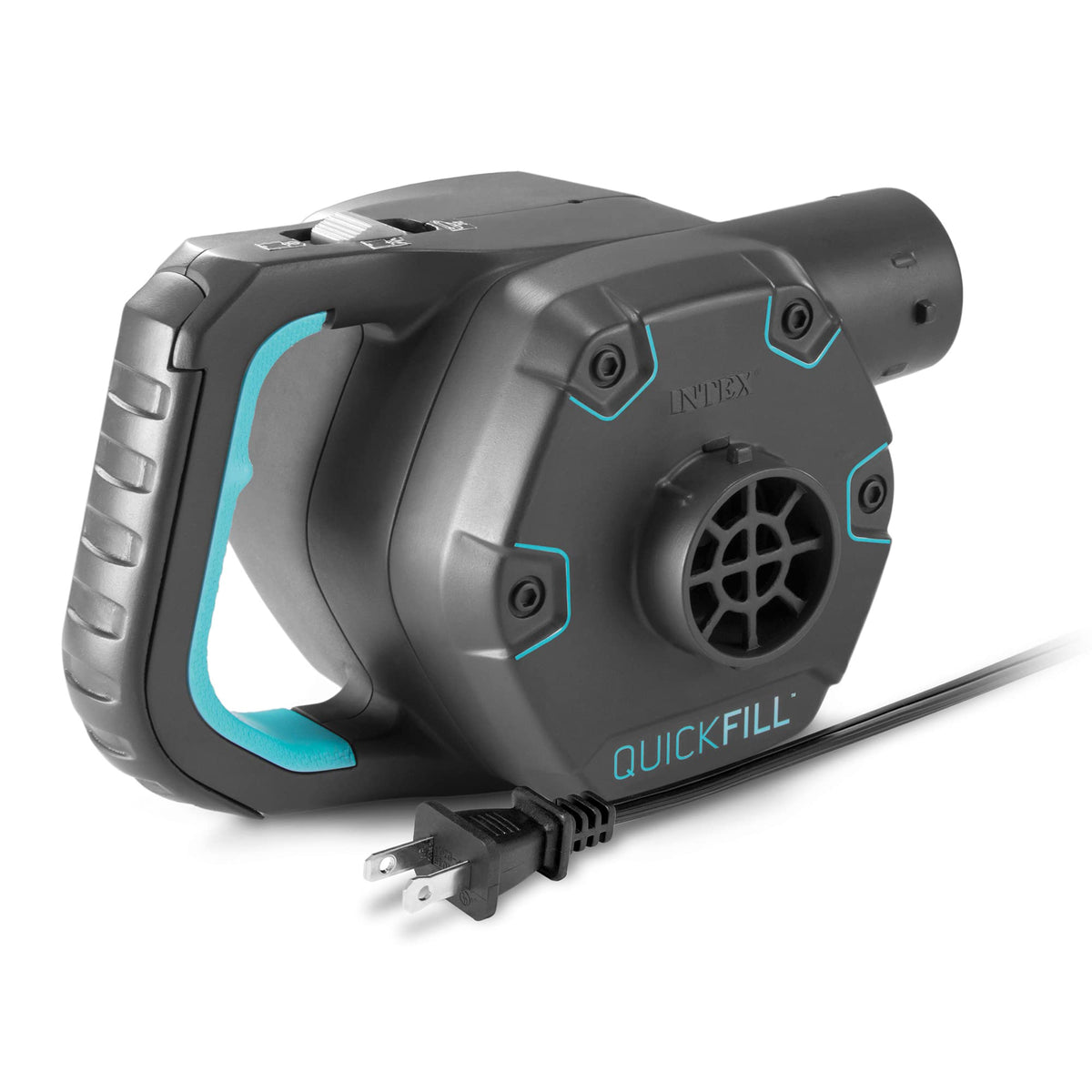 Intex Quick Fill pump connected to a standard outlet for fast inflation