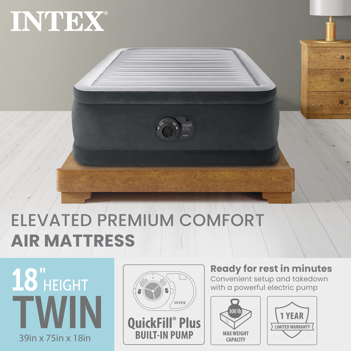 Intex built-in-pump enables fast inflation and effortless deflation for quick sleepovers.