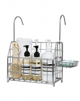 IntreLife large rustproof shower caddy on rod keeps bath essentials organized.