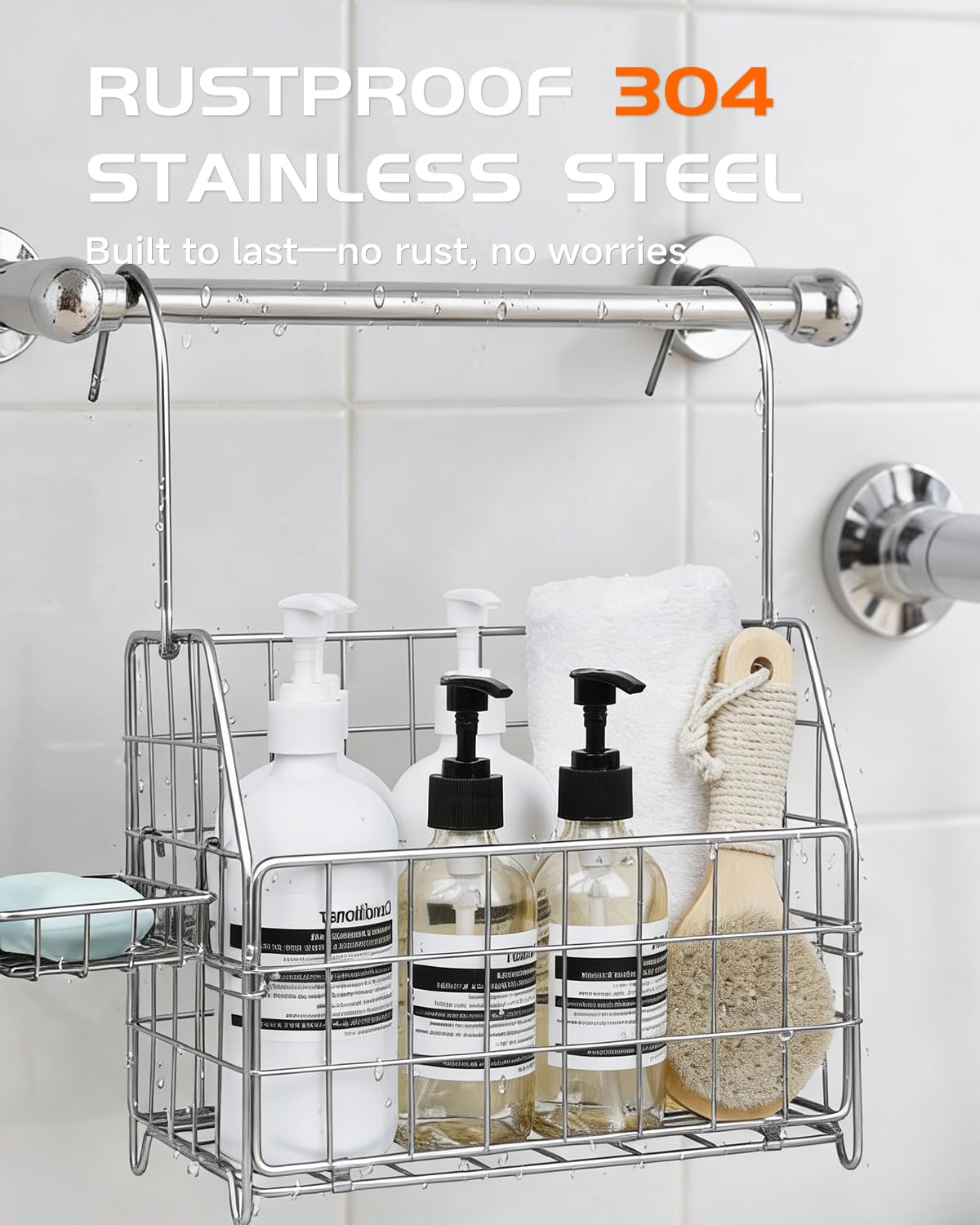IntreLife shower caddy close-up shows premium 304 stainless steel construction.