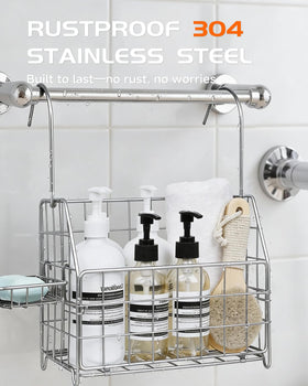 IntreLife shower caddy close-up shows premium 304 stainless steel construction.