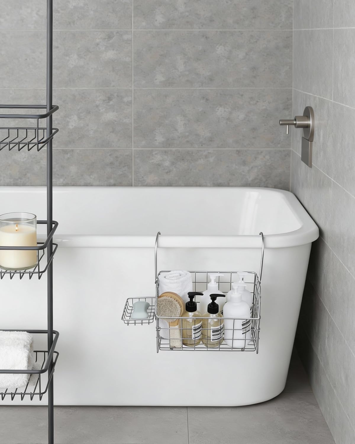 IntreLife shower caddy hanging by the tub helps manage bath supplies.