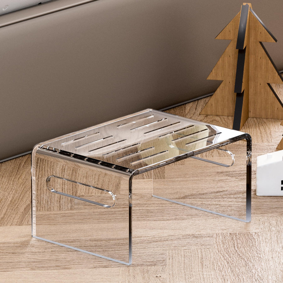 Invisibiliter clear step stool with handles for safer bathroom reach.