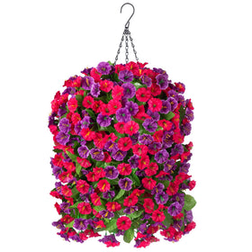 INXUGAO artificial flowers in a hanging basket with Morning Glory vines for year-round outdoor color.