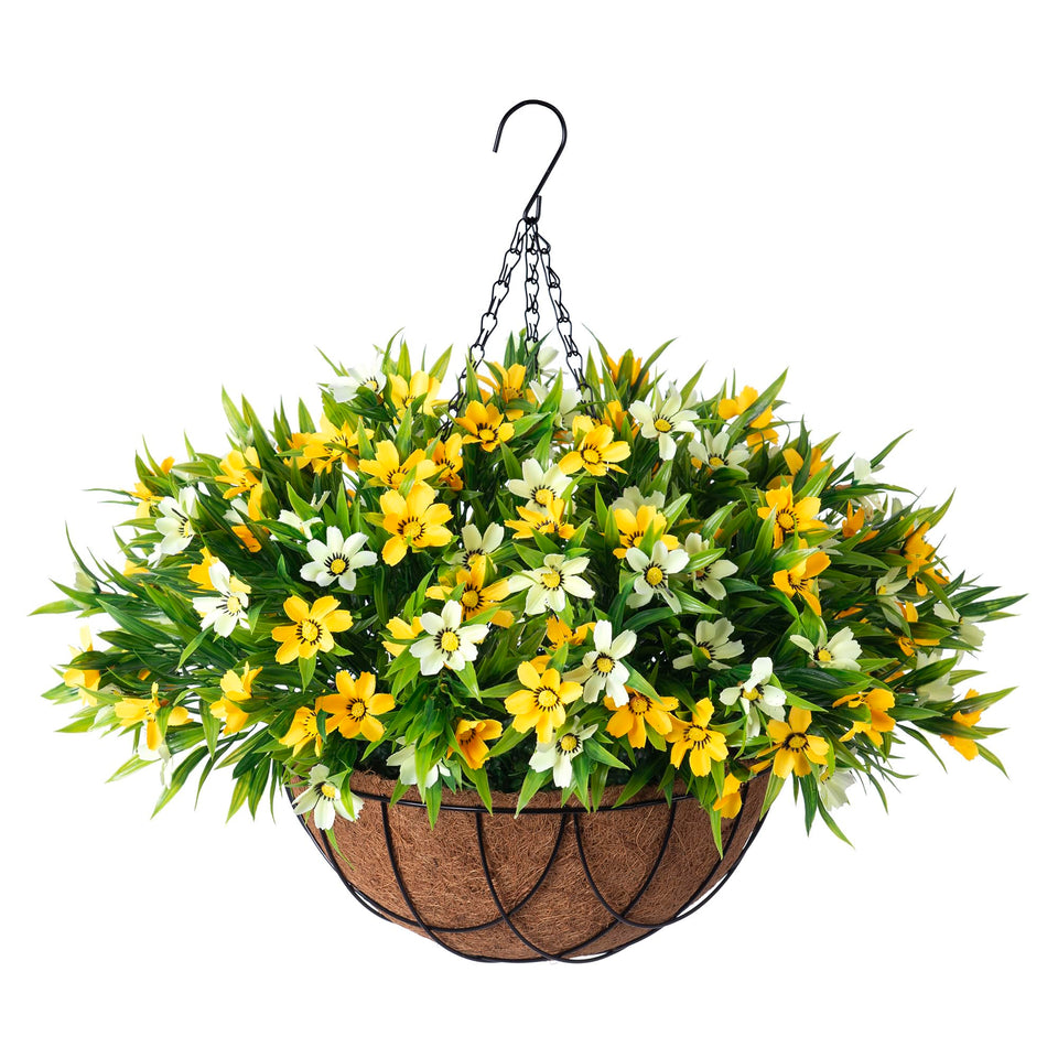 INXUGAO artificial hanging daisies in a yellow basket for outdoor porch decor, low maintenance