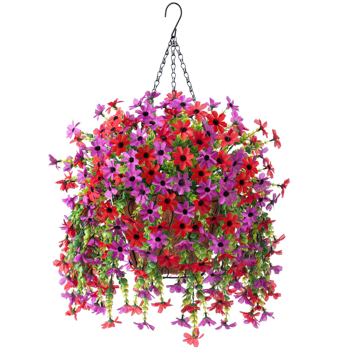 INXUGAO artificial hanging flowers basket for outdoor spaces in red-purple keeps year-round color.