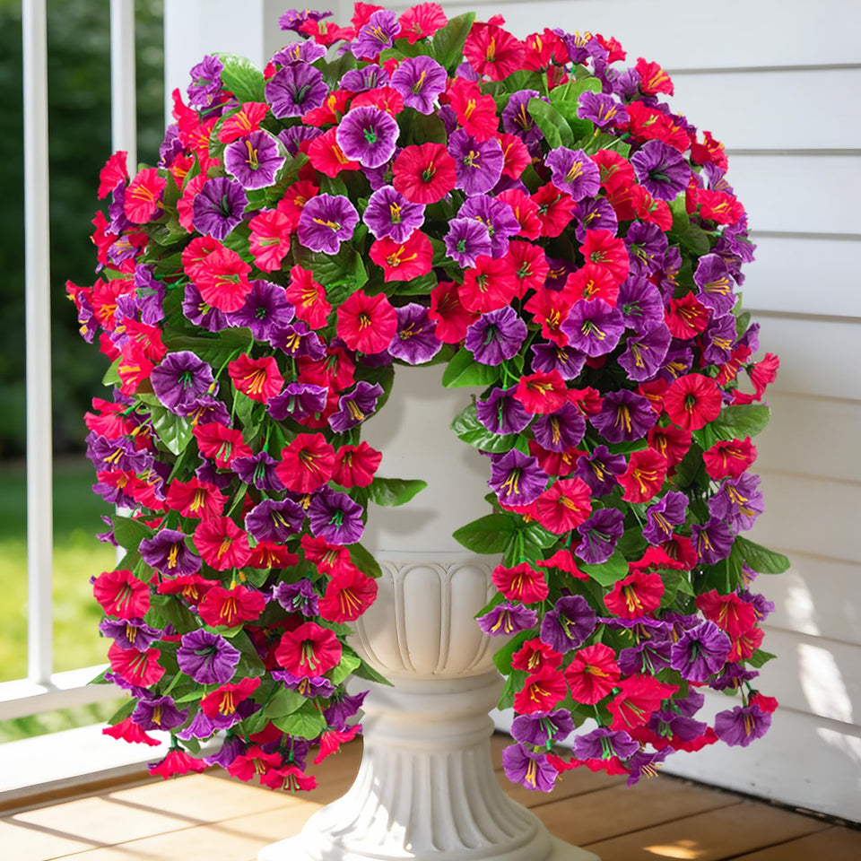 INXUGAO artificial morning glory hanging flowers, 2-pack, vibrant year-round outdoor decor.