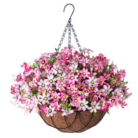 INXUGAO artificial silk flowers in a pink hanging basket brighten any space.