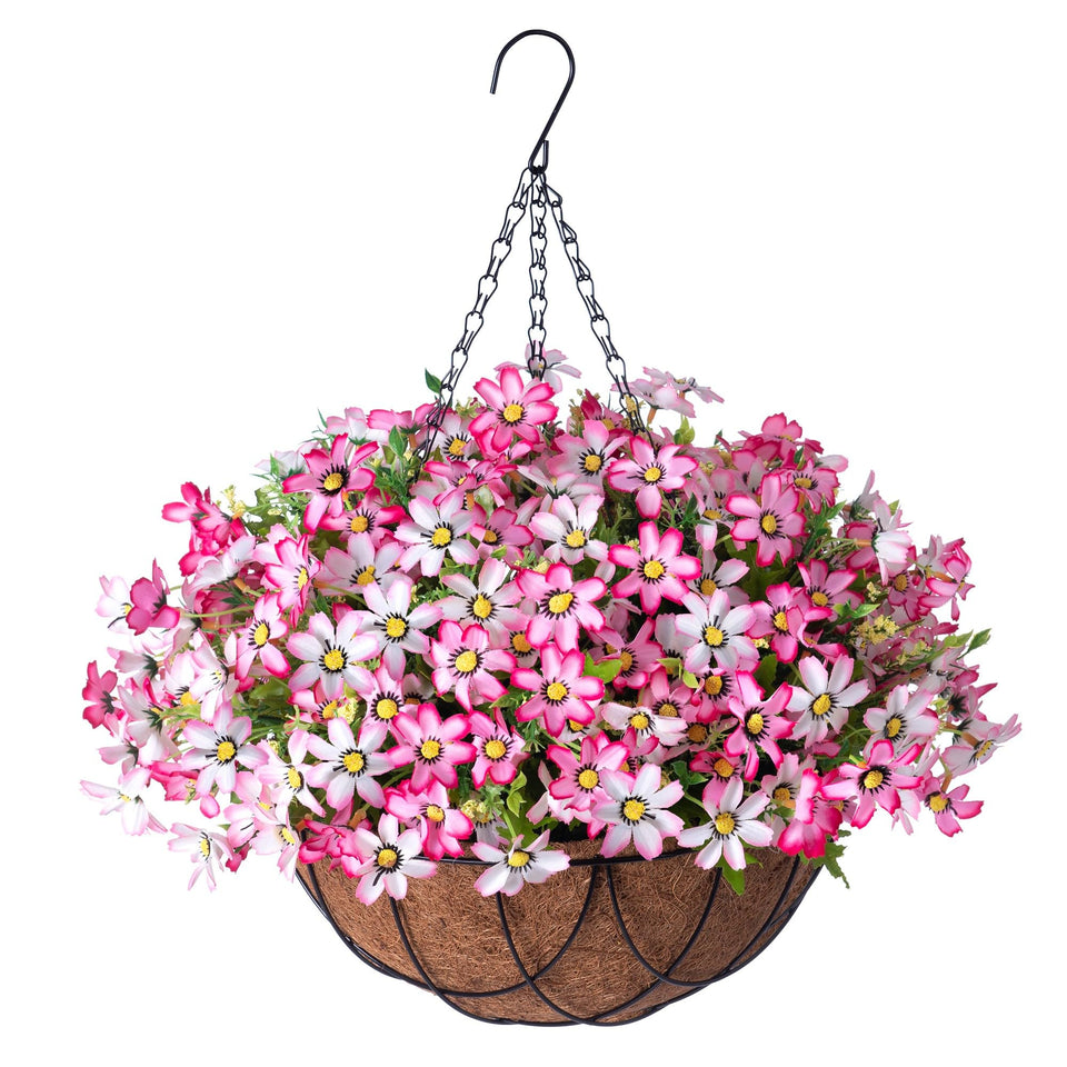 INXUGAO artificial silk flowers in a pink hanging basket brighten any space.