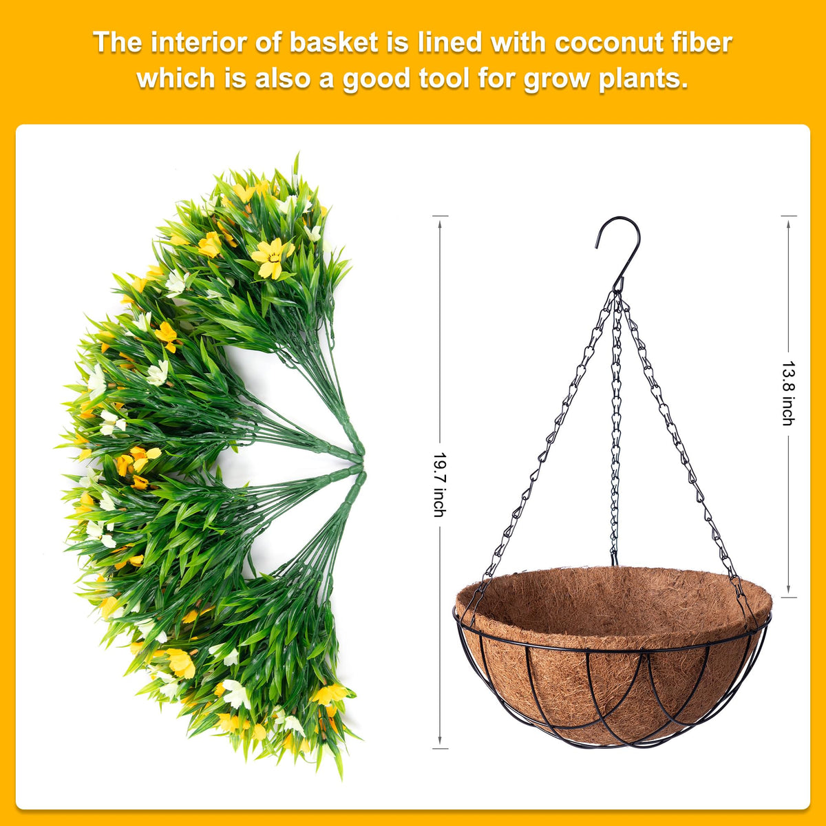 INXUGAO daisy flower basket with chain in yellow, weatherproof indoor/outdoor accent