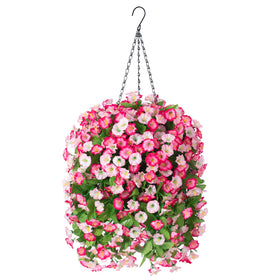 INXUGAO artificial flowers in a pink hanging basket for year round patio color