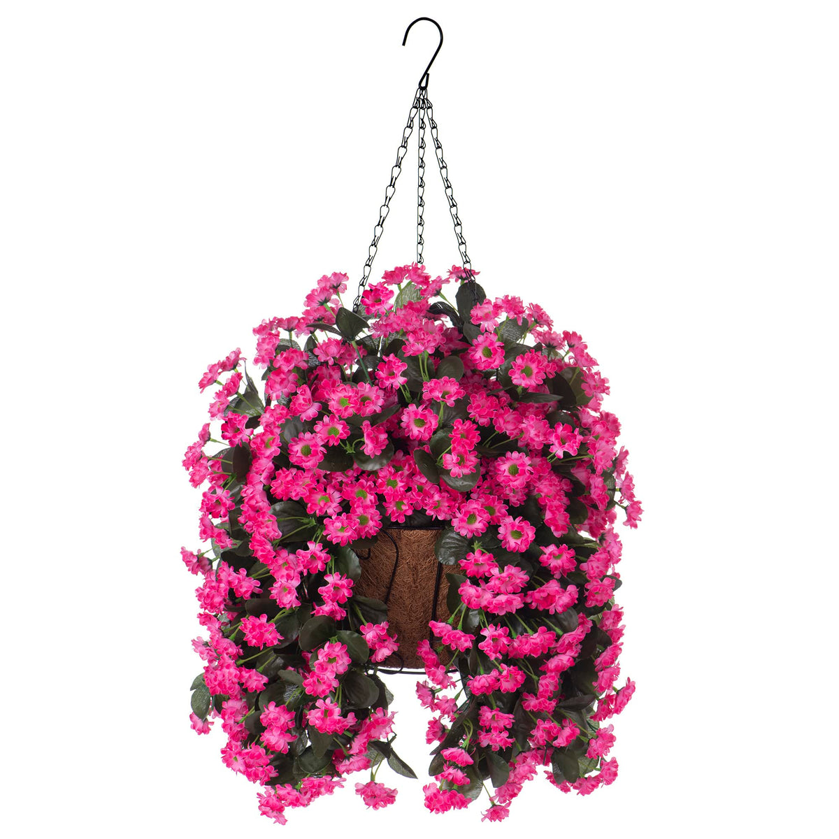 INXUGAO hanging basket with pink daisies brings year-round color to outdoor spaces.