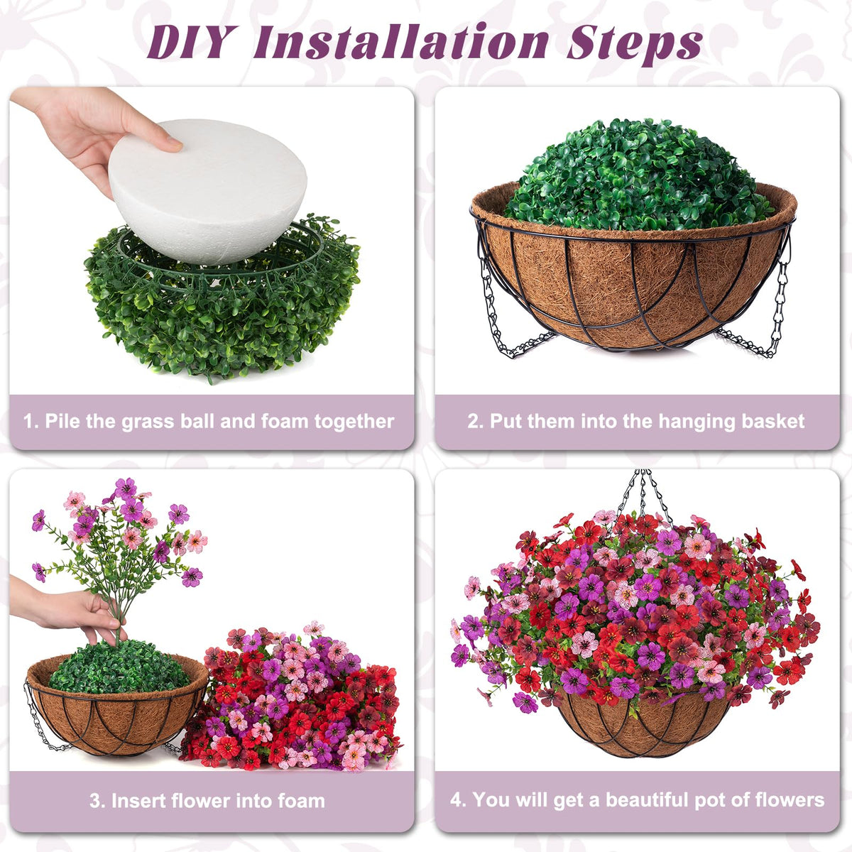 View of hanging flower basket assembly with size context for home or patio
