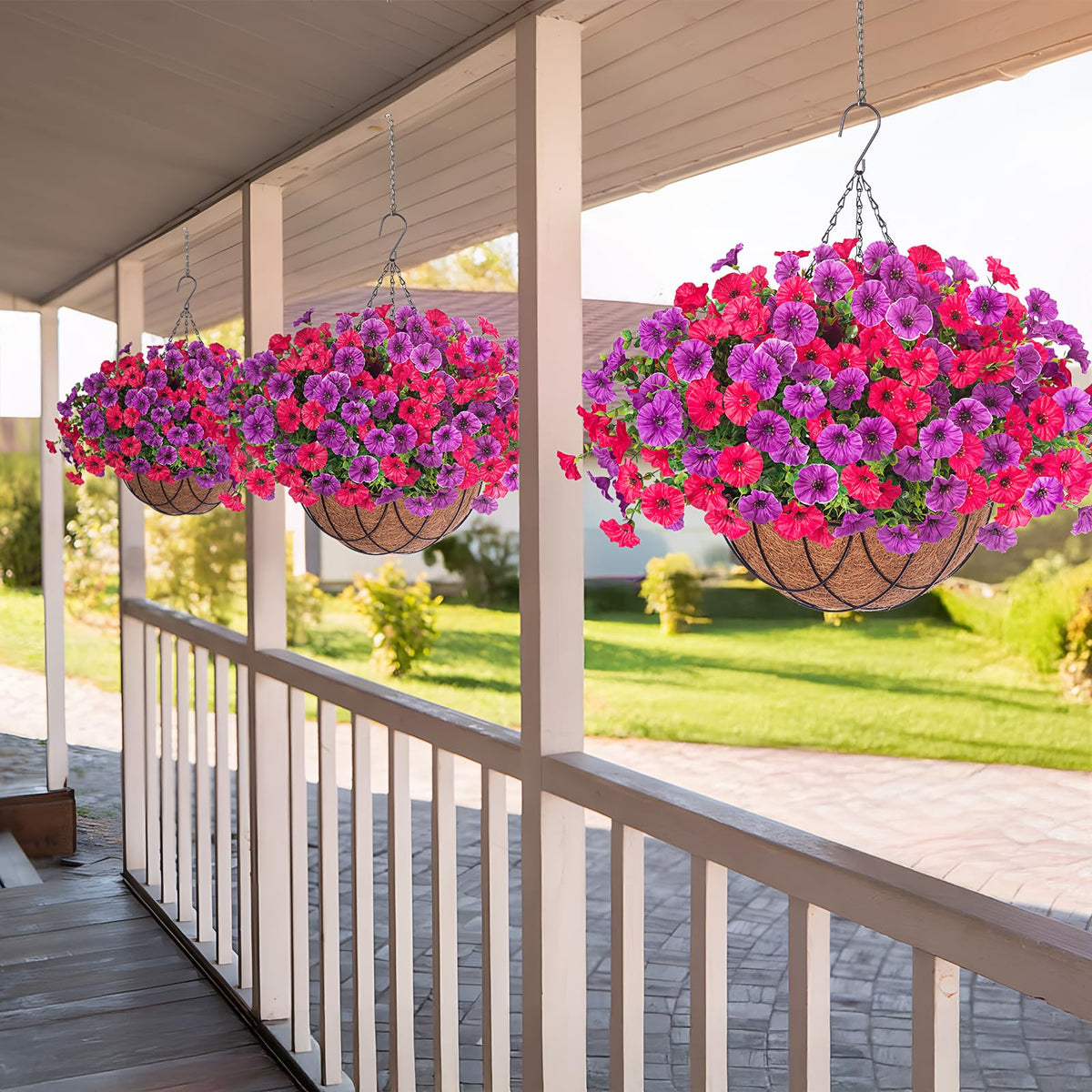 INXUGAO hanging flowers with stable design offer versatile porch or balcony decor.